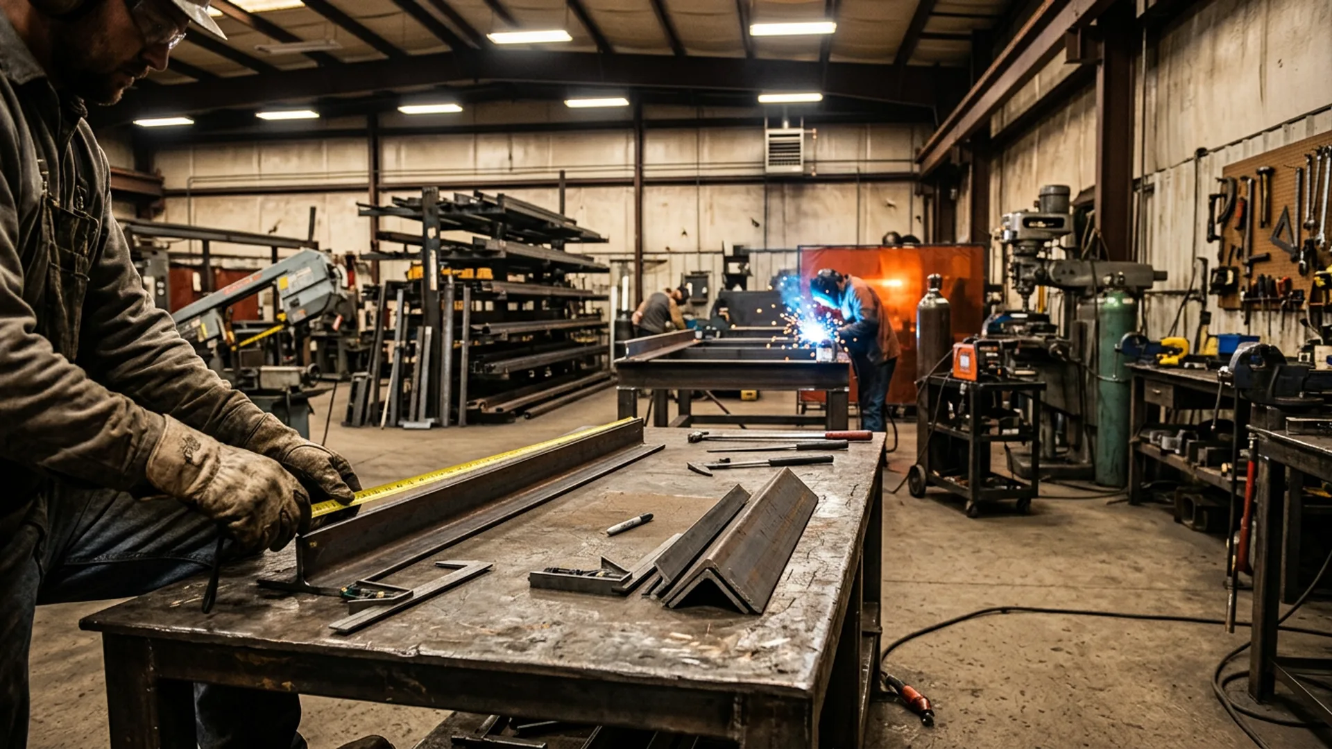 Welder's hands on a steel workbench planning a fabrication project