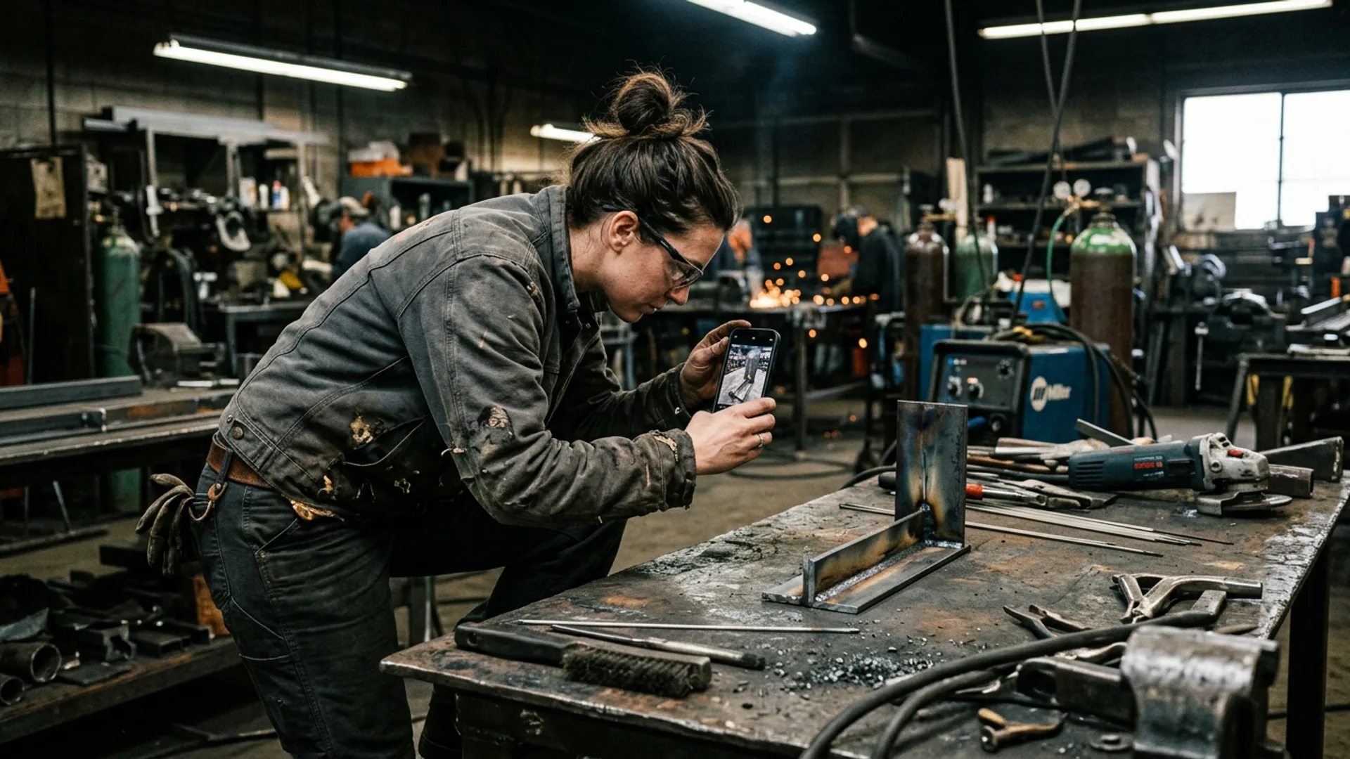 Welder photographing steel materials with a phone to scan dimensions